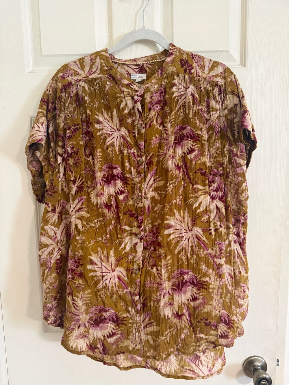 Pilcro Mustard and Plum Floral Button-Front Short Sleeve Blouse